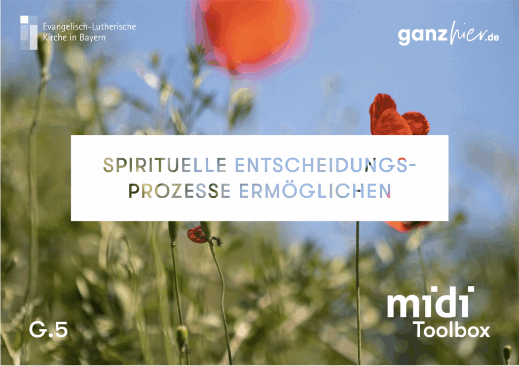 Ein Feld mit roten Mohnblumen vor blauem Himmel. Text: Spirituelle Entscheidungsprozesse ermöglichen. Logos: Evangelisch-Lutherische Kirche, ganzhier.de, midi Toolbox, G.5.