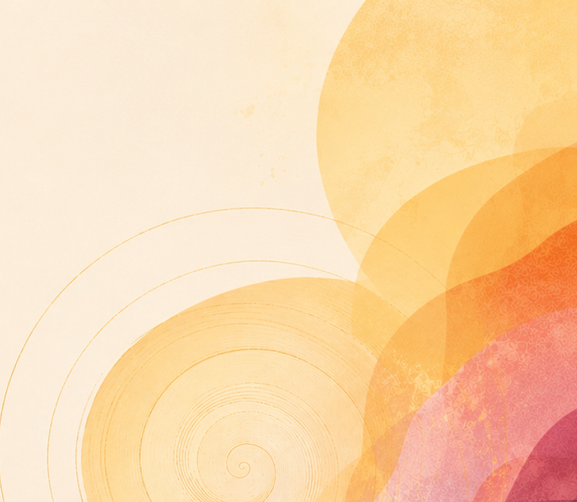 Abstrakte Kunst mit sich überlappenden rosa, orangefarbenen und gelben Halbkreisen und Spiralen auf beigem Hintergrund. Dezente Texturen und Farbverläufe erzeugen einen warmen, vielschichtigen Effekt.