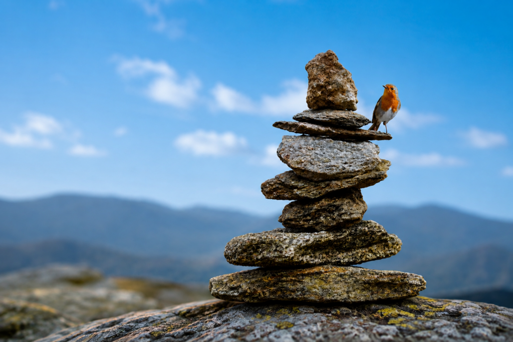 Ein Rotkehlchen saß auf einem Stapel aus aufeinander balancierten Steinen, im Hintergrund waren Berge zu sehen.